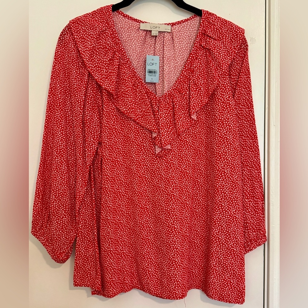 LOFT Red and White Heart Ruffle Top - NWT
